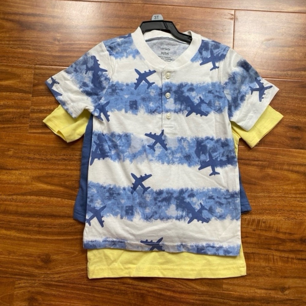 NWT New Carter's Toddler Boy 3 Pc Blue Yellow Shark Airplane T-Shirt Size 3T